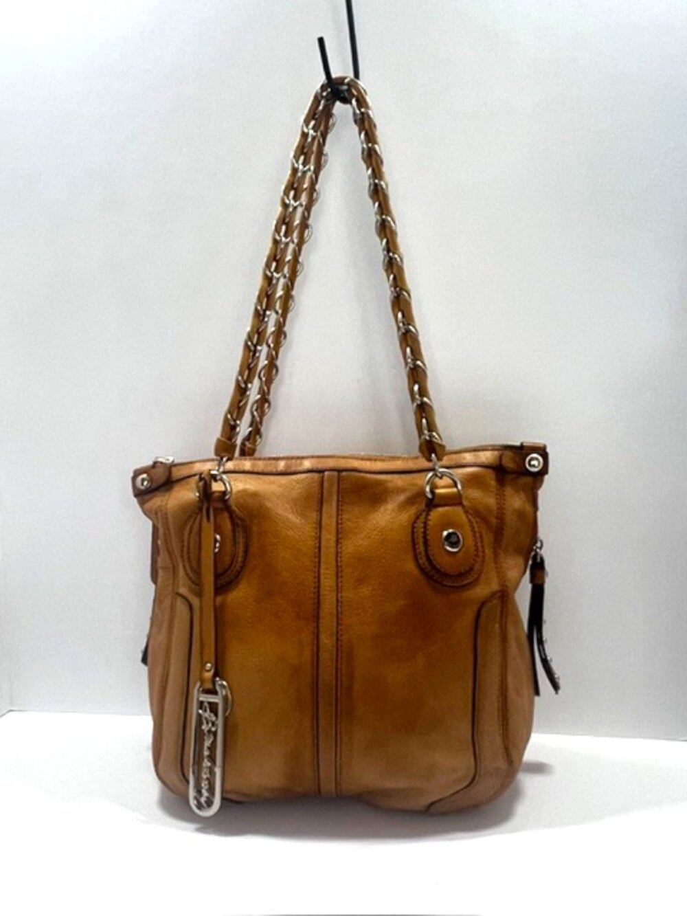 B. Makowsky Leather Hobo Shoulder Bag Chain Strap Multi Zip Pockets Camel w/CoA